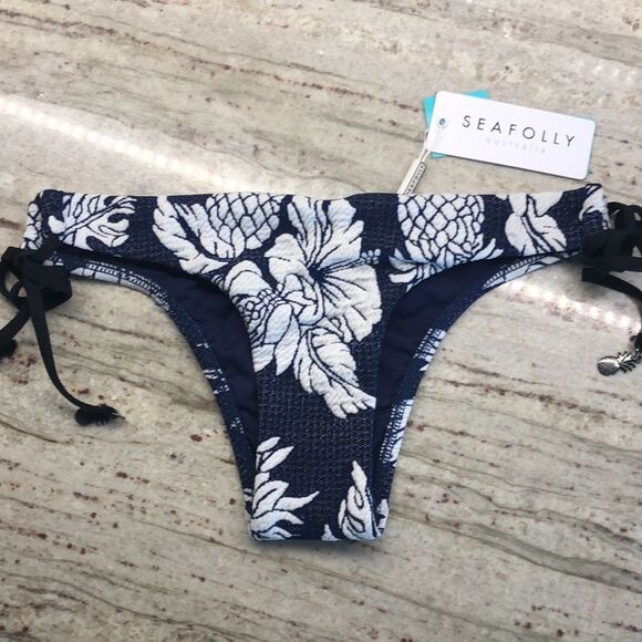 Seafolly Brazilian Loop Side Tie Swim Bikini Bottom Floral/Pineapple Navy/White - Picture 3 of 9